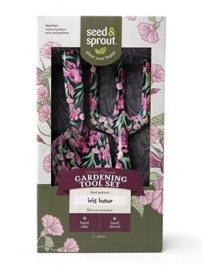 NIB Seed & Sprout Gardening Tool Set. Floral. Hand rake and shovel. Garden girl